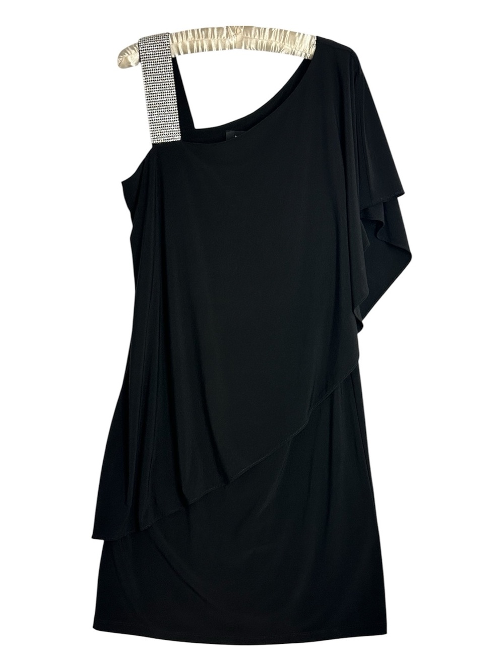 R & M Richards Black One-Shoulder Dress with Rhinestone Strap Size 8 Cocktail